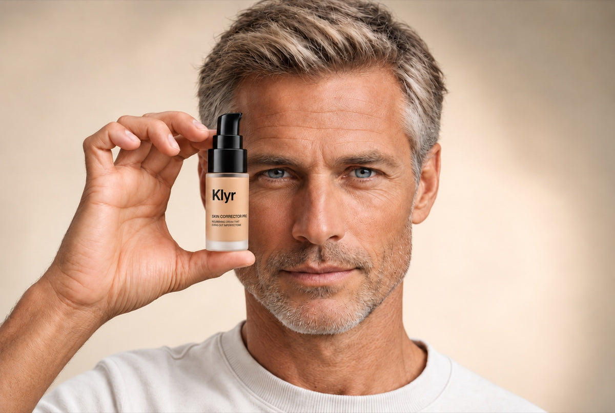 Man holding a Klyr Skin Corrector Pro bottle